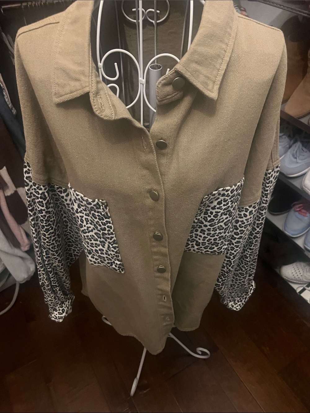 Leopard Sleeve Utility Button-Up Shirt - Tan Shacket